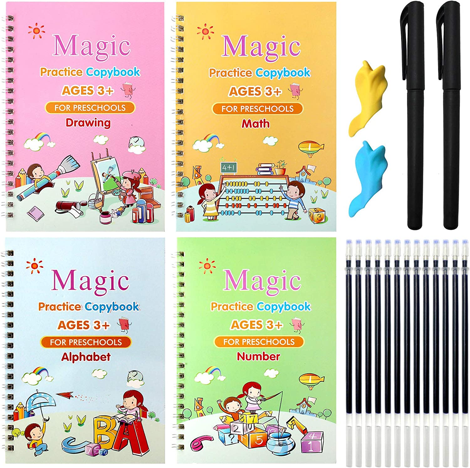 Sank Magic Book Practice | Sank Magic Book For Montessori Children Tracing Handwriting First Pre-school Baby Learning Books For Kids (4 Books + Magic Pen With 10 Ink Refills)